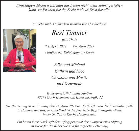Traueranzeige von Resi Timmer von NNA