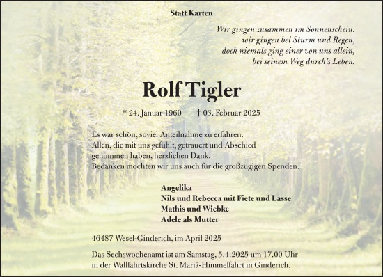 Traueranzeige von Rolf Tigler von NNA