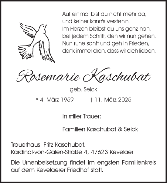 Traueranzeige von Rosemarie Kaschubat von NNA
