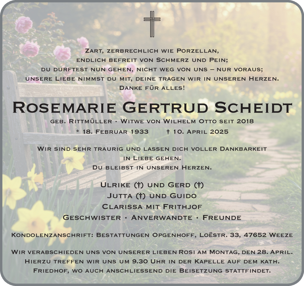  Traueranzeige für Rosemarie Gertrud Scheidt vom 19.04.2025 aus NNA