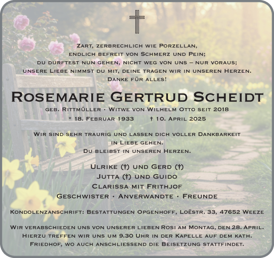 Traueranzeige von Rosemarie Gertrud Scheidt von NNA