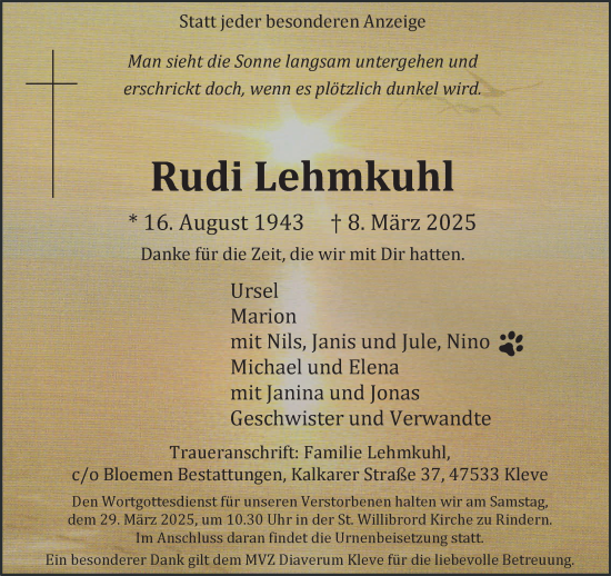 Traueranzeige von Rudi Lehmkuhl von NNA