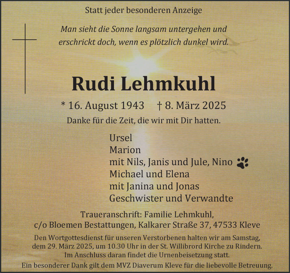  Traueranzeige für Rudi Lehmkuhl vom 22.03.2025 aus NNA