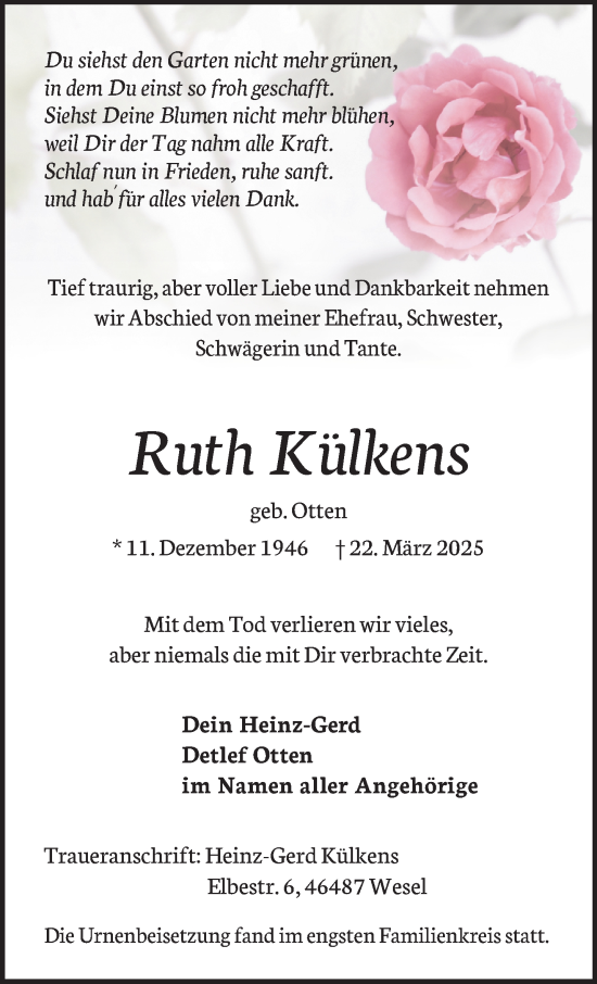 Traueranzeige von Ruth Külkens von NNA