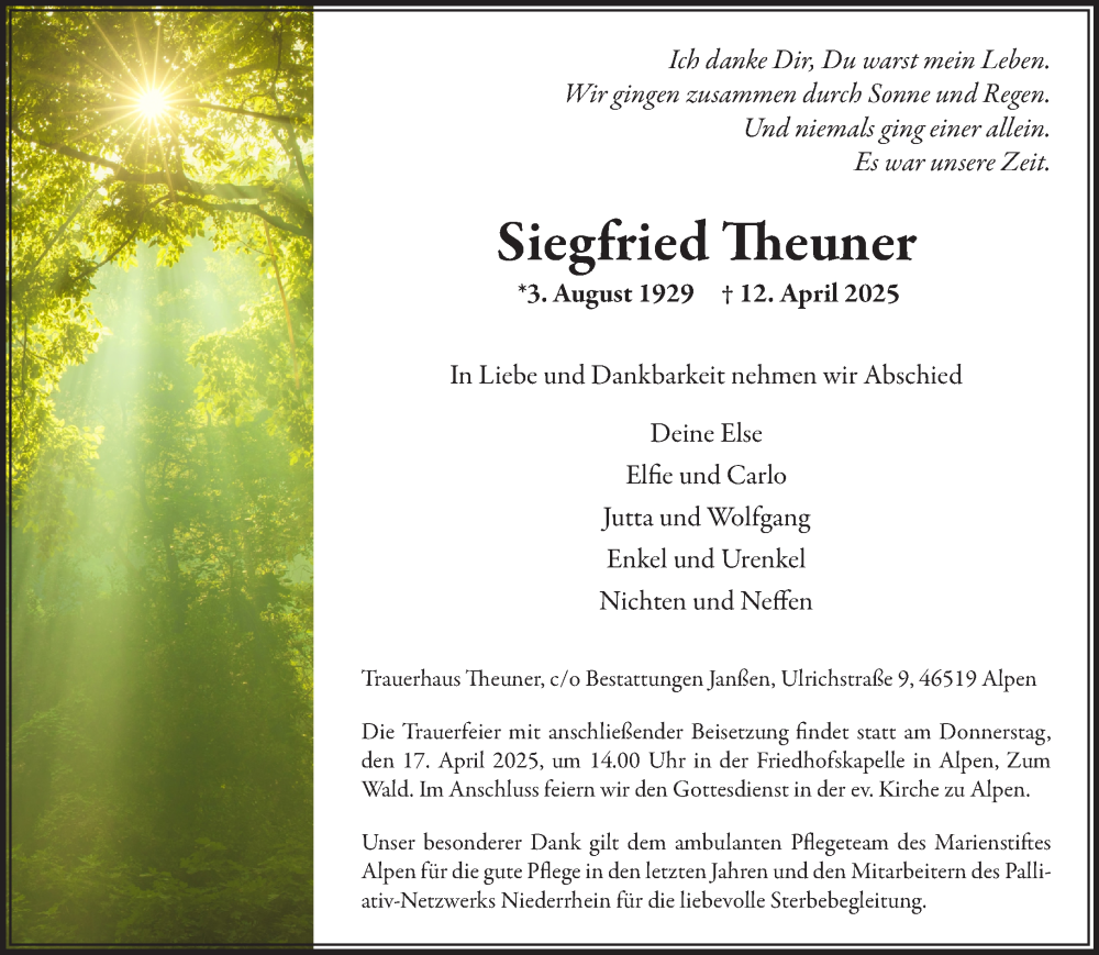  Traueranzeige für Siegfried Theuner vom 16.04.2025 aus NNA