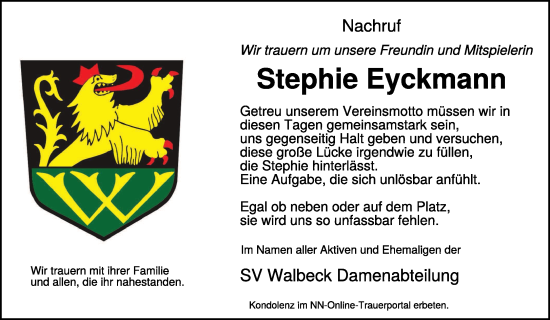 Traueranzeige von Stephie Eyckmann von NNA
