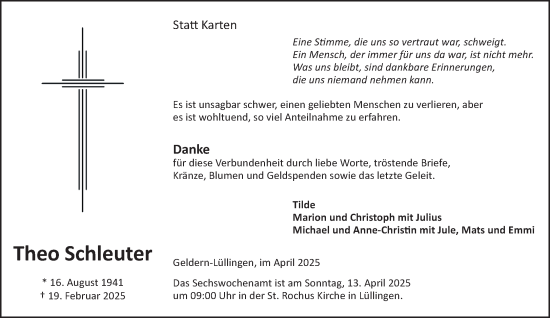 Traueranzeige von Theo Schleuter von NNA
