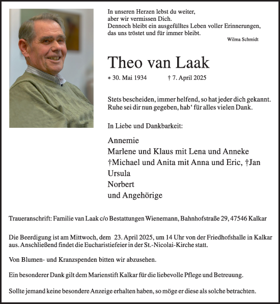 Traueranzeige von Theo van Laak von NNA