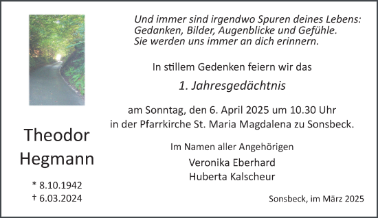 Traueranzeige von Theodor Hegmann von NNA
