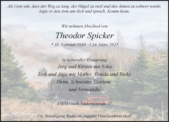 Traueranzeige von Theodor Spicker von NNA