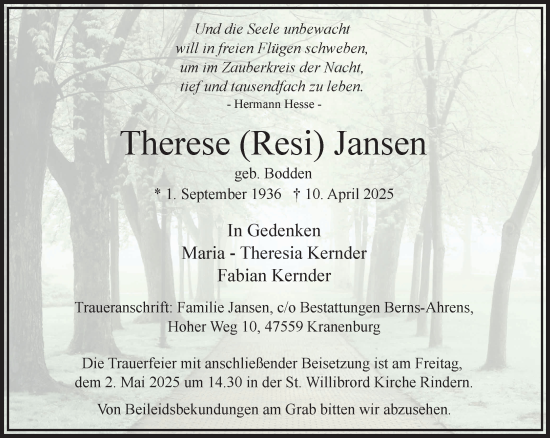 Traueranzeige von Therese Jansen von NNA
