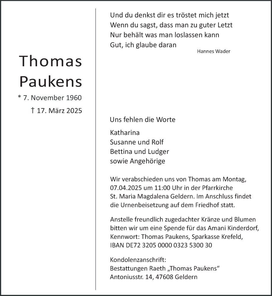  Traueranzeige für Thomas Paukens vom 29.03.2025 aus NNA
