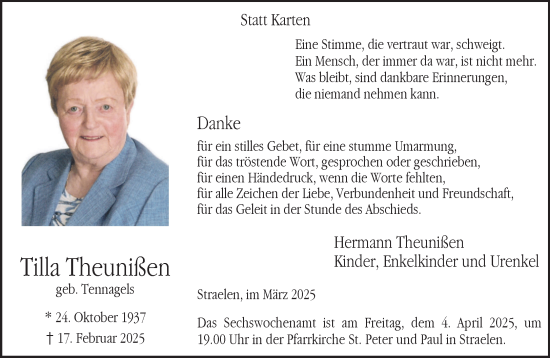 Traueranzeige von Tilla Theunißen von NNA