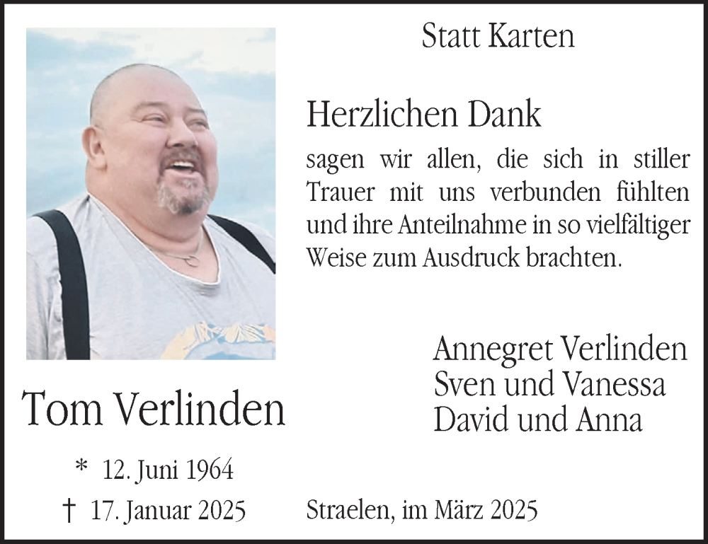  Traueranzeige für Tom Verlinden vom 22.03.2025 aus NNA