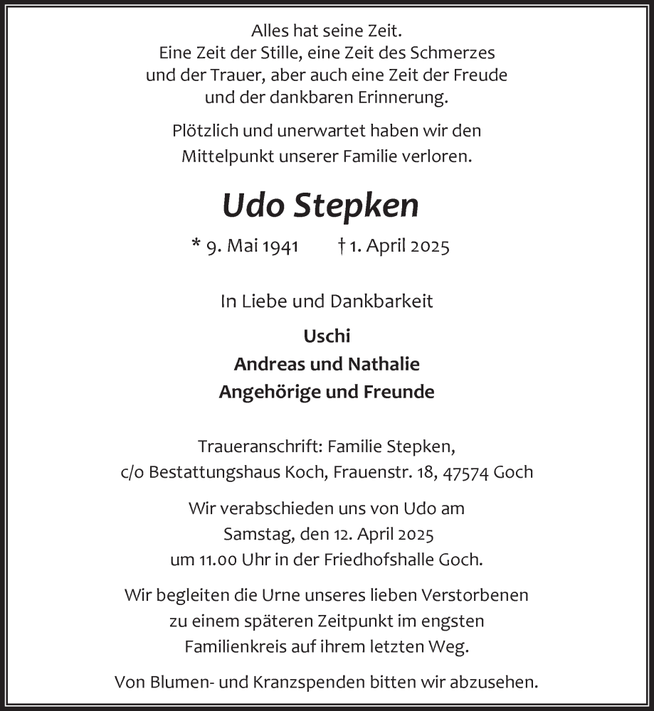  Traueranzeige für Udo Stepken vom 09.04.2025 aus NNA