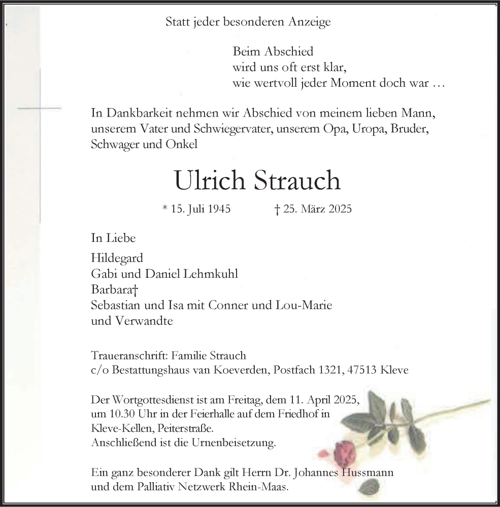  Traueranzeige für Ulrich Strauch vom 05.04.2025 aus NNA