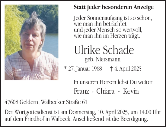 Traueranzeige von Ulrike Schade von NNA