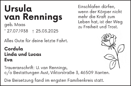 Traueranzeige von Ursula van Rennings von NNA