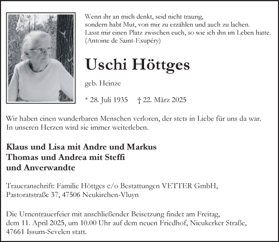 Traueranzeige von Uschi Höttges von NNA