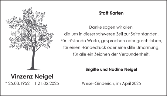 Traueranzeige von Vinzenz Neigel von NNA