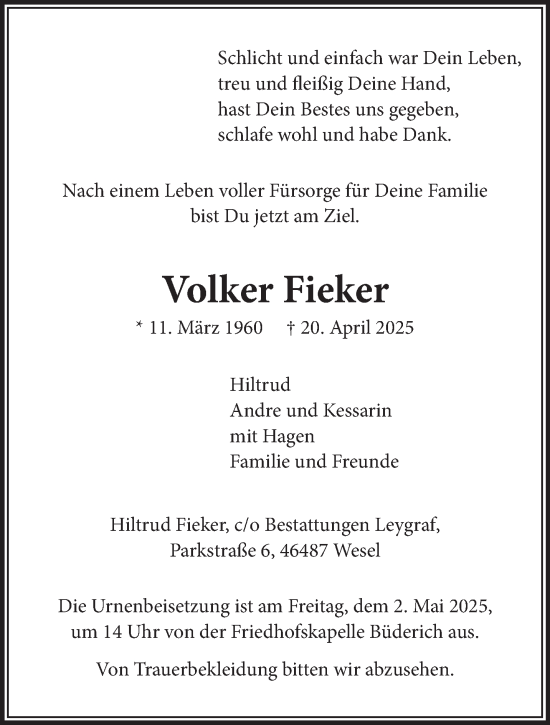 Traueranzeige von Volker Fieker von NNA