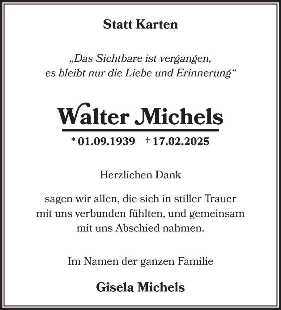  Traueranzeige für Walter Michels vom 19.04.2025 aus NNA