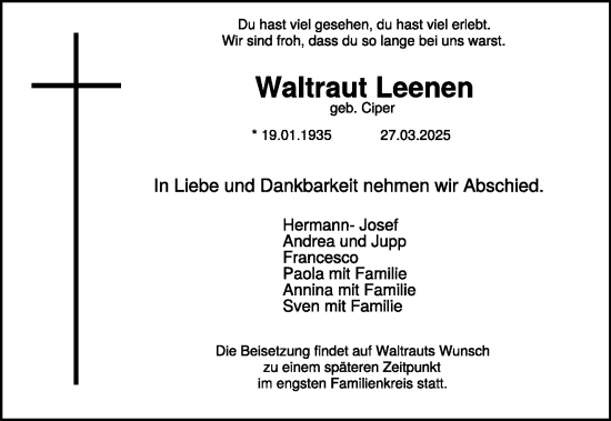 Traueranzeige von Waltraut Leenen von NNA
