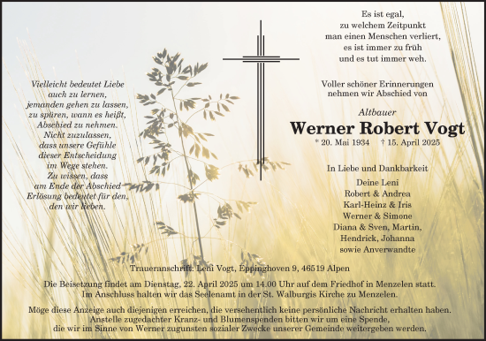 Traueranzeige von Werner Robert Vogt von NNA