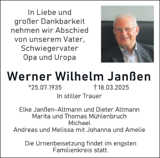 Traueranzeige von Werner Wilhelm Janßen von NNA