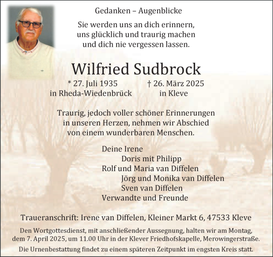 Traueranzeige von Wilfried Sudbrock von NNA