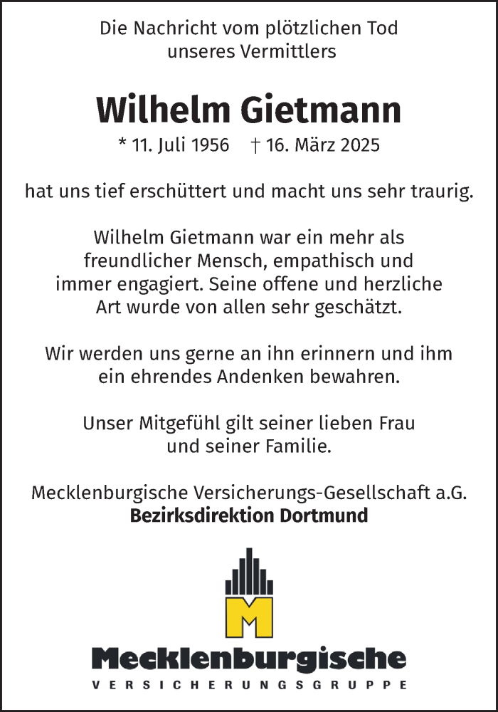  Traueranzeige für Wilhelm Gietmann vom 29.03.2025 aus NNA