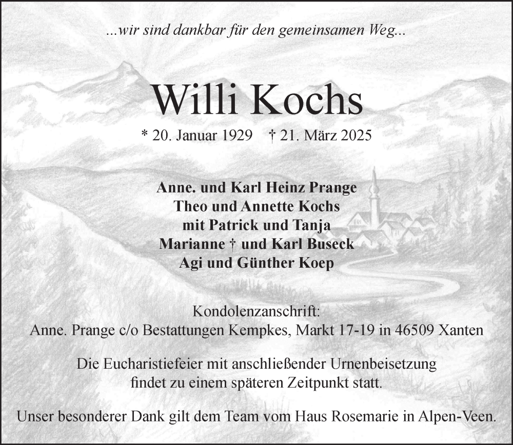  Traueranzeige für Willi Kochs vom 29.03.2025 aus NNA