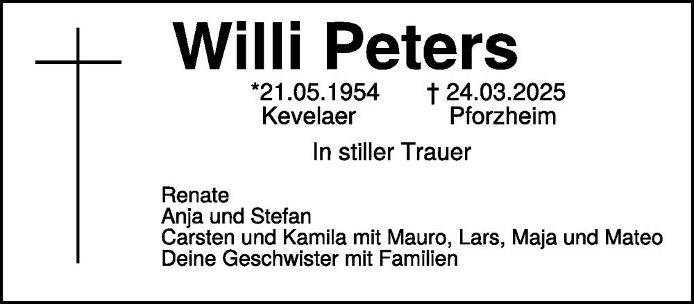  Traueranzeige für Willi Peters vom 05.04.2025 aus NNA