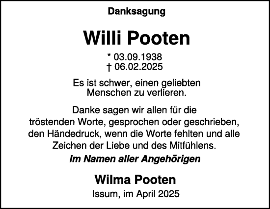 Traueranzeige von Willi Pooten von NNA