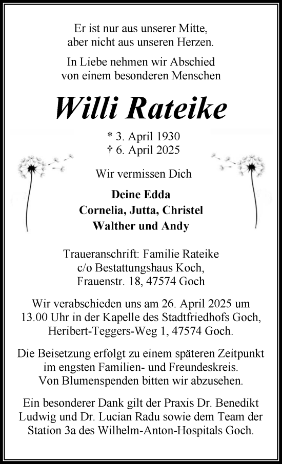 Traueranzeige von Willi Rateike von NNA