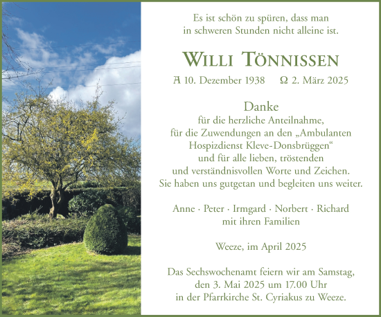 Traueranzeige von Willi Tönnissen von NNA