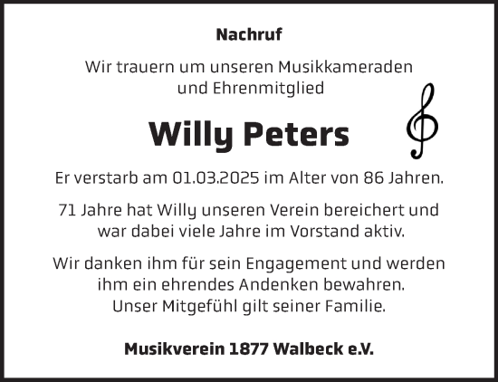 Traueranzeige von Willy Peters von NNA