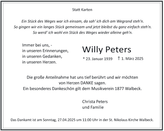 Traueranzeige von Willy Peters von NNA