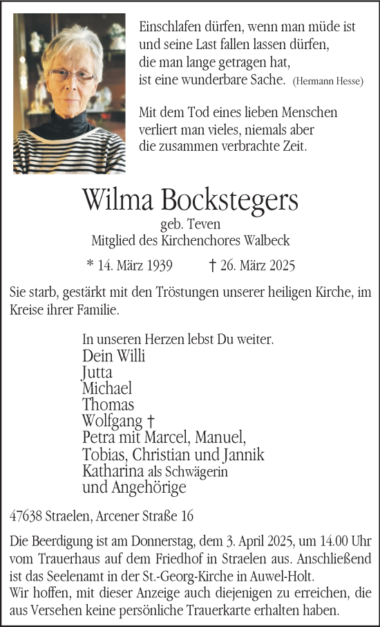 Traueranzeige von Wilma Bockstegers von NNA