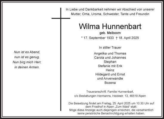 Traueranzeige von Wilma Hunnenbart von NNA