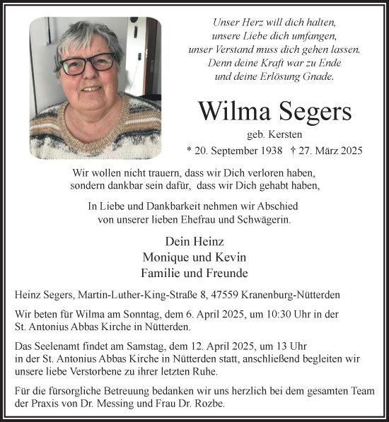 Traueranzeige von Wilma Segers von NNA
