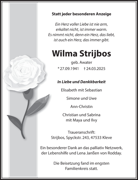 Traueranzeige von Wilma Strijbos von NNA