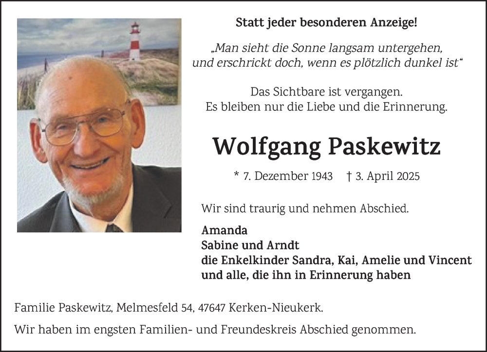  Traueranzeige für Wolfgang Paskewitz vom 26.04.2025 aus NNA
