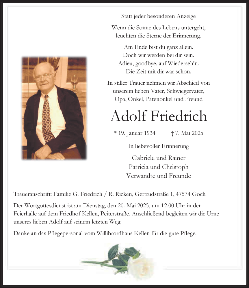  Traueranzeige für Adolf Friedrich vom 17.05.2025 aus NNA
