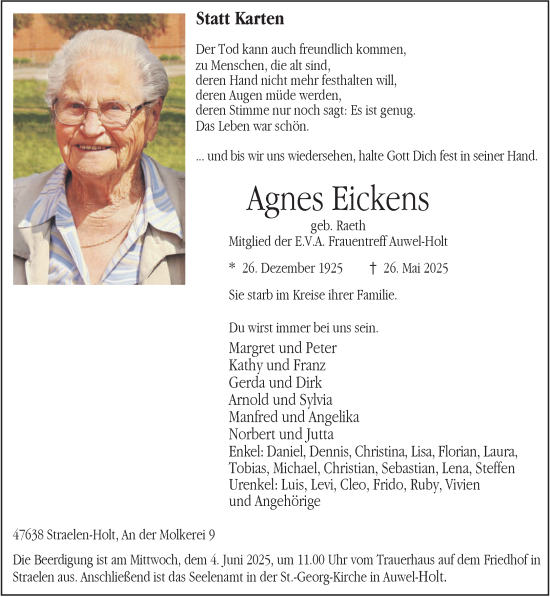Traueranzeige von Agnes Eickens von NNA