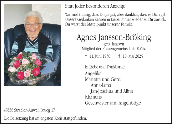 Traueranzeige von Agnes Janssen-Bröking von NNA