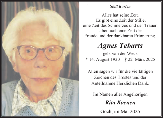 Traueranzeige von Agnes Tebarts von NNA