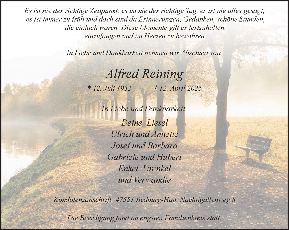  Traueranzeige für Alfred Reining vom 24.05.2025 aus NNA