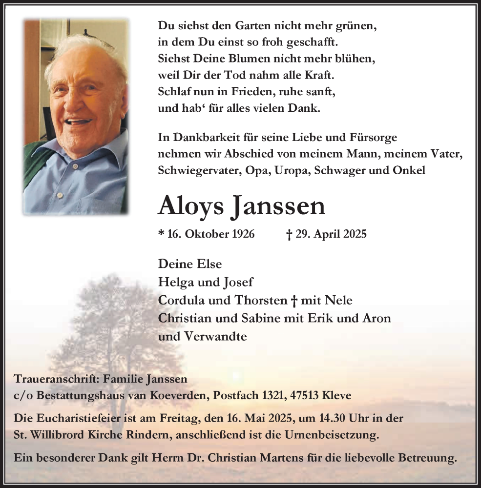  Traueranzeige für Aloys Janssen vom 10.05.2025 aus NNA