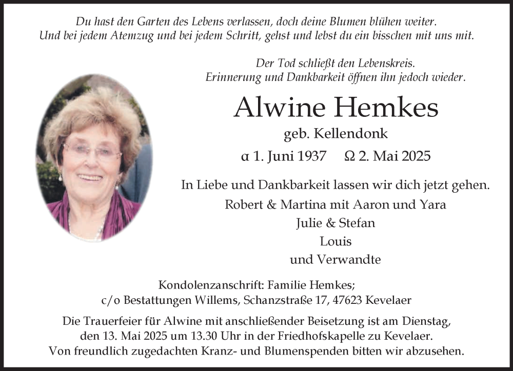  Traueranzeige für Alwine Hemkes vom 10.05.2025 aus NNA
